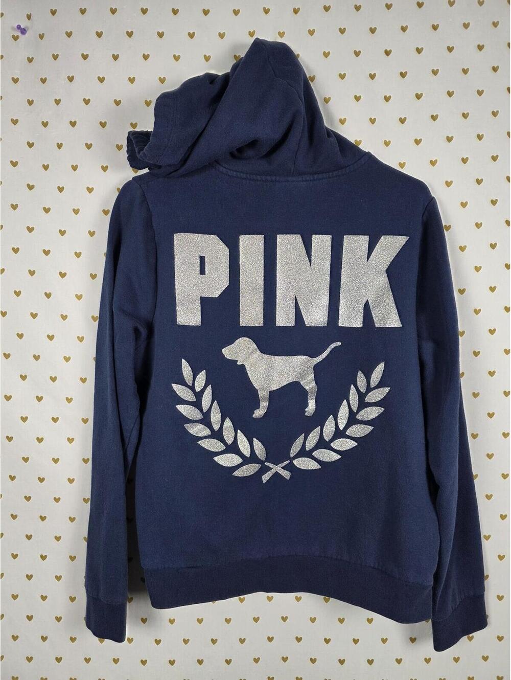 Victorias Secret Pink Blue Glitter BLING Full Zip Hoodie Jacket LARGE